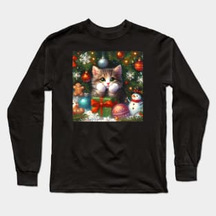 Christmas cat painting with gifts and snowman Long Sleeve T-Shirt